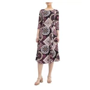 Nina‎ Leonard Women's Purple Medallion Print 3/4 Sleeve Midi Dress M